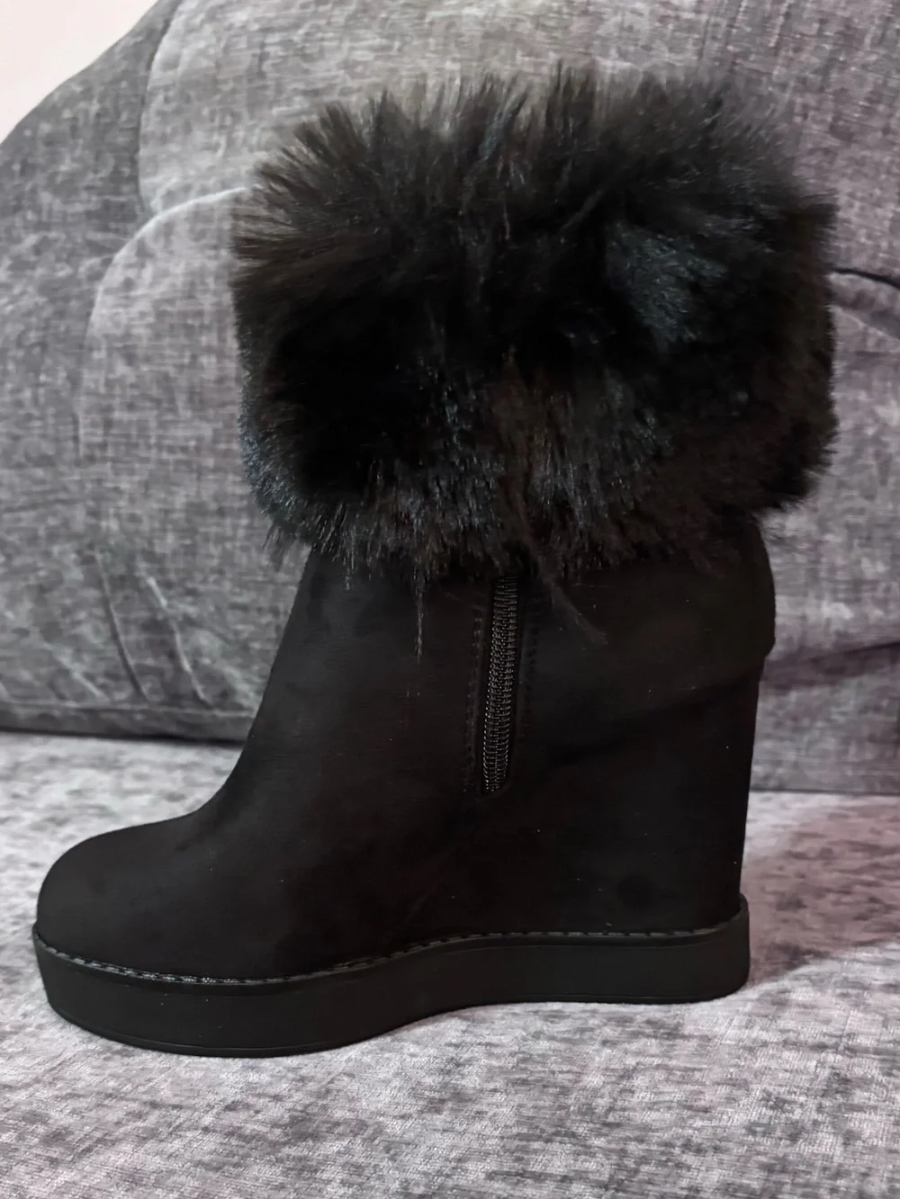 Faux Fur Trim Black Wedge Ankle Boot - Women